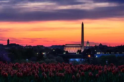 Orange sunset over Washington Monument and Lincoln Memorial viewed from Netherlands Carillion, Washington, D.C, U.S.A.