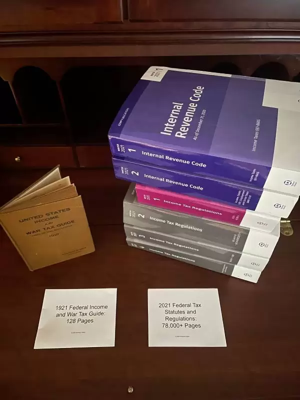 A 1921 federal income and war tax guidebook (128 pages) beside the multi-volume 2021 Internal Revenue Code and Income Tax Regulations (over 78,000 pages)