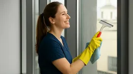 A Talent Cleaning Services professional cleaning an interior window